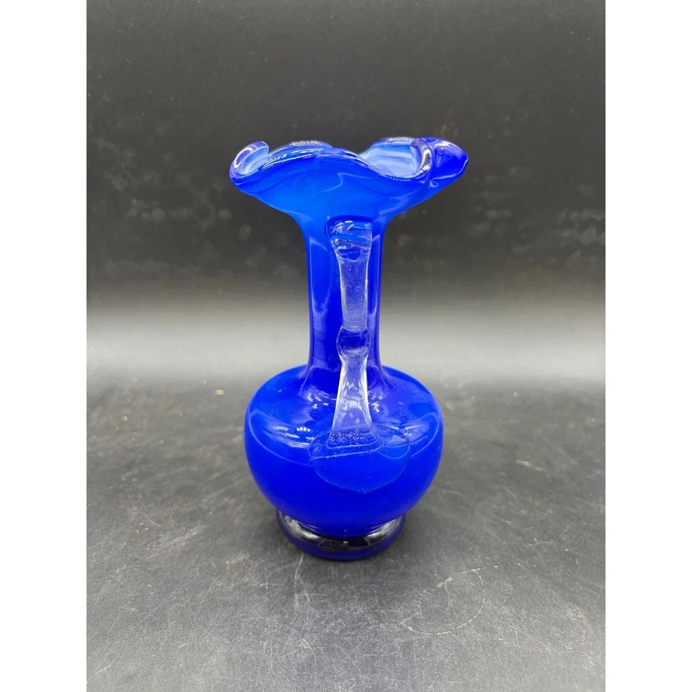 Vintage Cobalt Blue Art Glass Vase Ruffled Rim White‎ Opalescent Applied Handles
